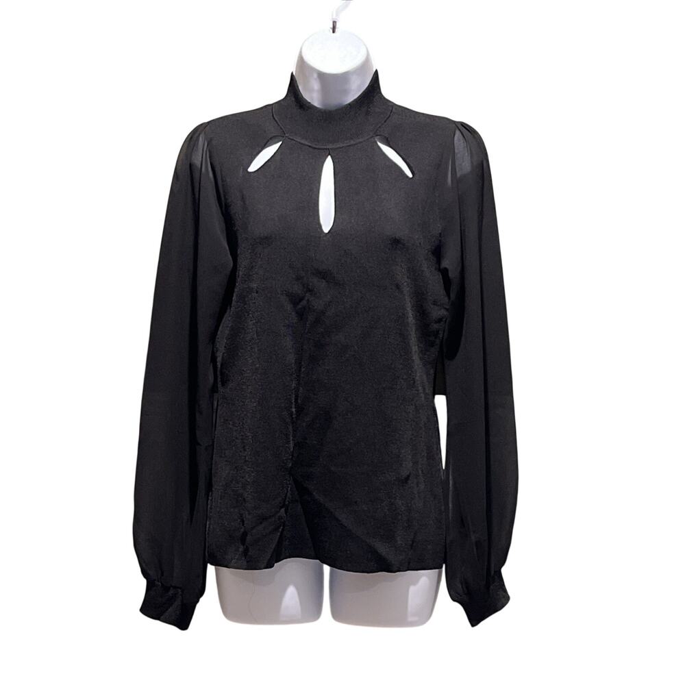 INC Black Keyhole Neck Blouse – Long Sleeve Dressy Top – Women’s L